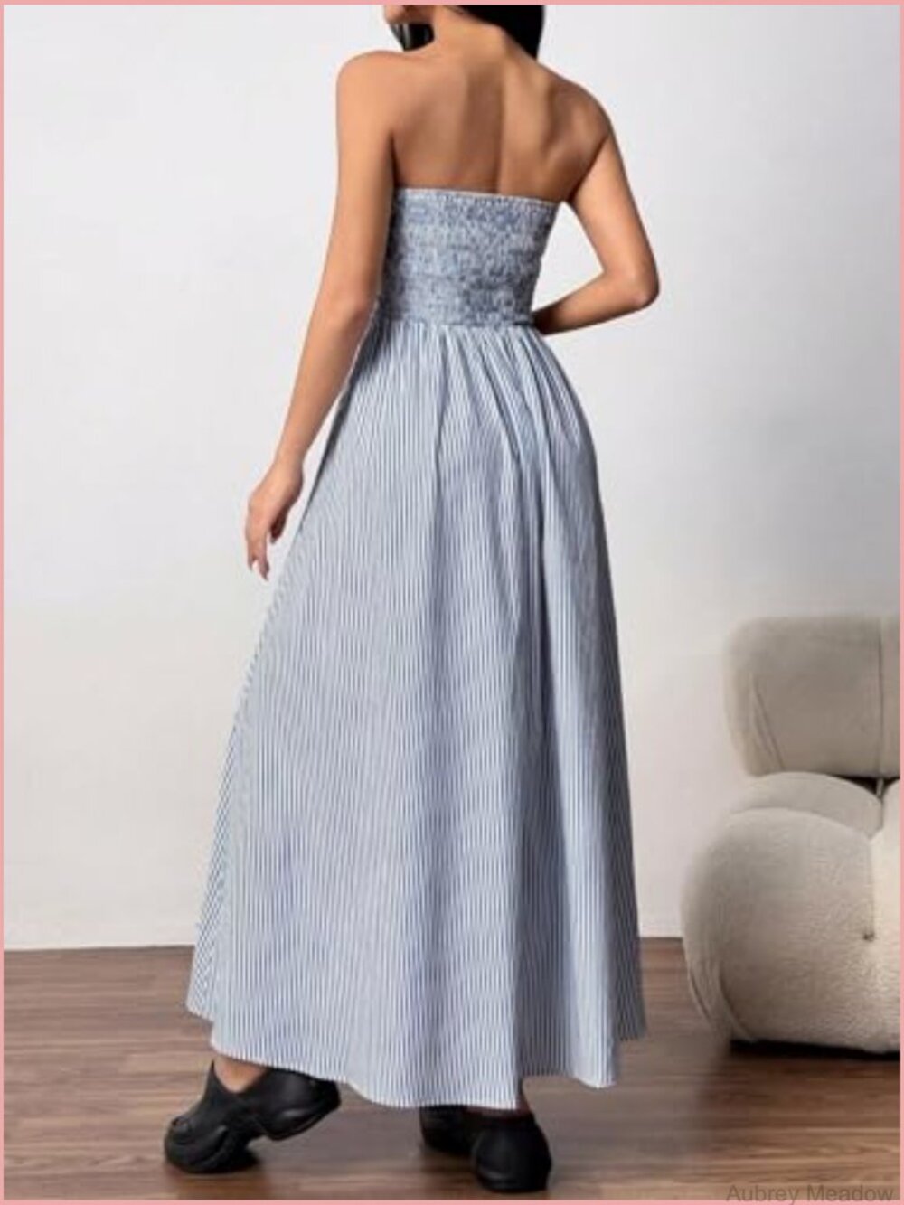 Strapless Tube Maxi Dress Striped Smocked Back A-Line with Pocket - Picture 5 of 5